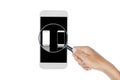 Hand holding magnifying glass with smartphone on white background