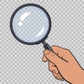 Hand holding magnifying glass on transparent background. Vector.