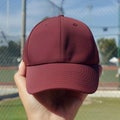 Hand Holding Marron Dad Hat mockup With Baseball Field Background Mockup Dad Cap Mockup Marron Red baseball Hat Mockup