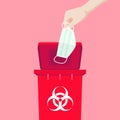 Hand holding a mask is above the red bin, with the symbol of infectious waste. How to discard the surgical mask correctly.