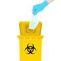 Hand holding a mask is above the yellow bin, with the symbol of infectious waste. How to discard the surgical mask correctly.