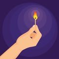 Hand holding match. Fingers hold glowing matchstick with burning flame in dark, fire wood stick for ignite light Royalty Free Stock Photo