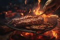 Hand holding meat tongs and making roast beef on grill in camping party at night time, by AI Generative