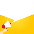 Hand holding megaphone with blank for your message in bubble speech illustration. Loudspeaker. Announcement. Advertising. Vector Royalty Free Stock Photo