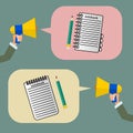 Hand holding a megaphone or bullhorn call a booknote, vector Royalty Free Stock Photo
