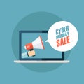 Hand holding megaphone coming out from laptop with Cyber Monday Sale speech bubble. Royalty Free Stock Photo