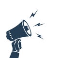 Hand holding megaphone. Glyph black speaker icon