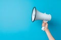 Hand holding megaphone isolated on blue background Royalty Free Stock Photo