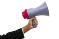 Hand holding megaphone isolated with clipping path.