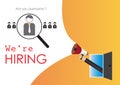 Hand holding megaphone to speech, We` re hiring template