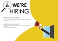 Hand holding megaphone to speech, We`re hiring template