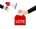 Hand holding megaphone. Vote icon for concept design. Voting concept. Vector illustration