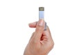 Hand holding Metal Key USB data storage isolated on white background Royalty Free Stock Photo