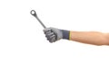 Hand holding a metal spanner on white background Royalty Free Stock Photo