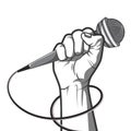 Hand holding a microphone in a fist. vector illustration in black and white style Royalty Free Stock Photo