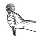 Hand holding a microphone in a fist. vector illustration in black and white style