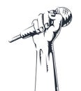 Hand holding a microphone in a fist. vector illustration. Contour hand icon with microphone.