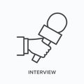 Hand holding microphone flat line icon. Vector outline illustration of journalist taking interview. Press conference Royalty Free Stock Photo