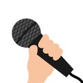 Hand holding microphone. Guy man woman girl singing. Music karaoke party. Cute cartoon funny character. News journalist speech Royalty Free Stock Photo