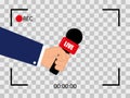 Hand holding microphone. Hand with microphone in camera frame on transparent background. Camera icon. Microphone record flat