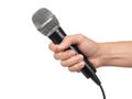 Hand holding microphone isolated on white background Royalty Free Stock Photo