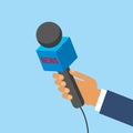 Hand holding a microphone, press conference, vector illustration. Hand holding microphone. interview Royalty Free Stock Photo