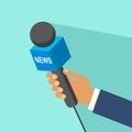Hand holding a microphone, press conference, vector illustration. Hand holding microphone. interview