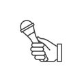 Hand holding Microphone vector icon in outline style Royalty Free Stock Photo