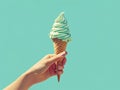a hand holding an Mint Choco ice cream cone - ai. Royalty Free Stock Photo