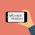 Hand holding mobile phone. Cyber Monday Sale Concept. Vector Illustration