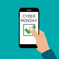 Hand holding mobile phone. Cyber Monday Sale Concept. Vector Illustration