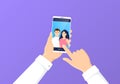 Hand holding mobile phone with happy couple on screen. People posing for selfie. Friends photography. Vector
