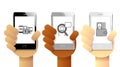 Hand holding mobile phone with icons on isolated white background Royalty Free Stock Photo