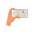 Hand holding mobile phone with with location pin on city map, person using navigation app