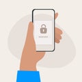 Hand holding Mobile phone locked notification button, password field. Smartphone security