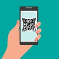 Hand holding mobile phone with QR code on the screen Royalty Free Stock Photo