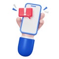 Hand holding mobile phone with red danger alarm bell or emergency notifications alert on white background. 3D rendering Royalty Free Stock Photo