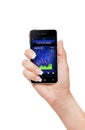 Hand holding mobile phone with stock market chart Royalty Free Stock Photo