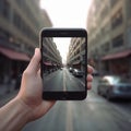 hand holding mobile phone in street ,center focused ,stock footage