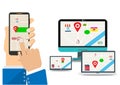Hand holding mobile phone and touching screen for  search location map. Royalty Free Stock Photo