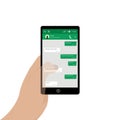 Hand holding mobile phone. Vector illustration. Social network concept. Chating and messaging concept. Green chat boxes. Royalty Free Stock Photo