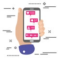 hand holding mobile phone withShare, like, comment, repost social media ui icons on screen on white background. Pink bubble  icon Royalty Free Stock Photo