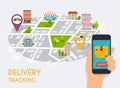 Hand holding mobile smart phone with app delivery tracking. Vector modern flat creative info graphics design on application.