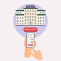 Hand holding mobile smart phone with application to search hotel. Find hotel on city map. Flat design style modern vector Royalty Free Stock Photo