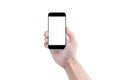 Hand holding mobile smart phone, blank white screen isolated on white background. Clipping path include Royalty Free Stock Photo