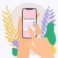 Hand holding mobile smart phone with calendar plan. Vector modern flat creative info graphics design on application. Royalty Free Stock Photo