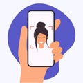 Hand holding mobile smart phone with face recognition app. Vector modern flat creative info graphics design on application