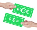 Hand holding mockup one hundred green dollar bill and euro banknotes isolated on white background with clipping path Royalty Free Stock Photo