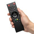 A hand holding a modern black remote control with various function buttons visible Royalty Free Stock Photo