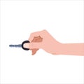 Hand holding modern key to unlock door car, home, rent, buy. Cartoon stye flat vector icon for apps and websites